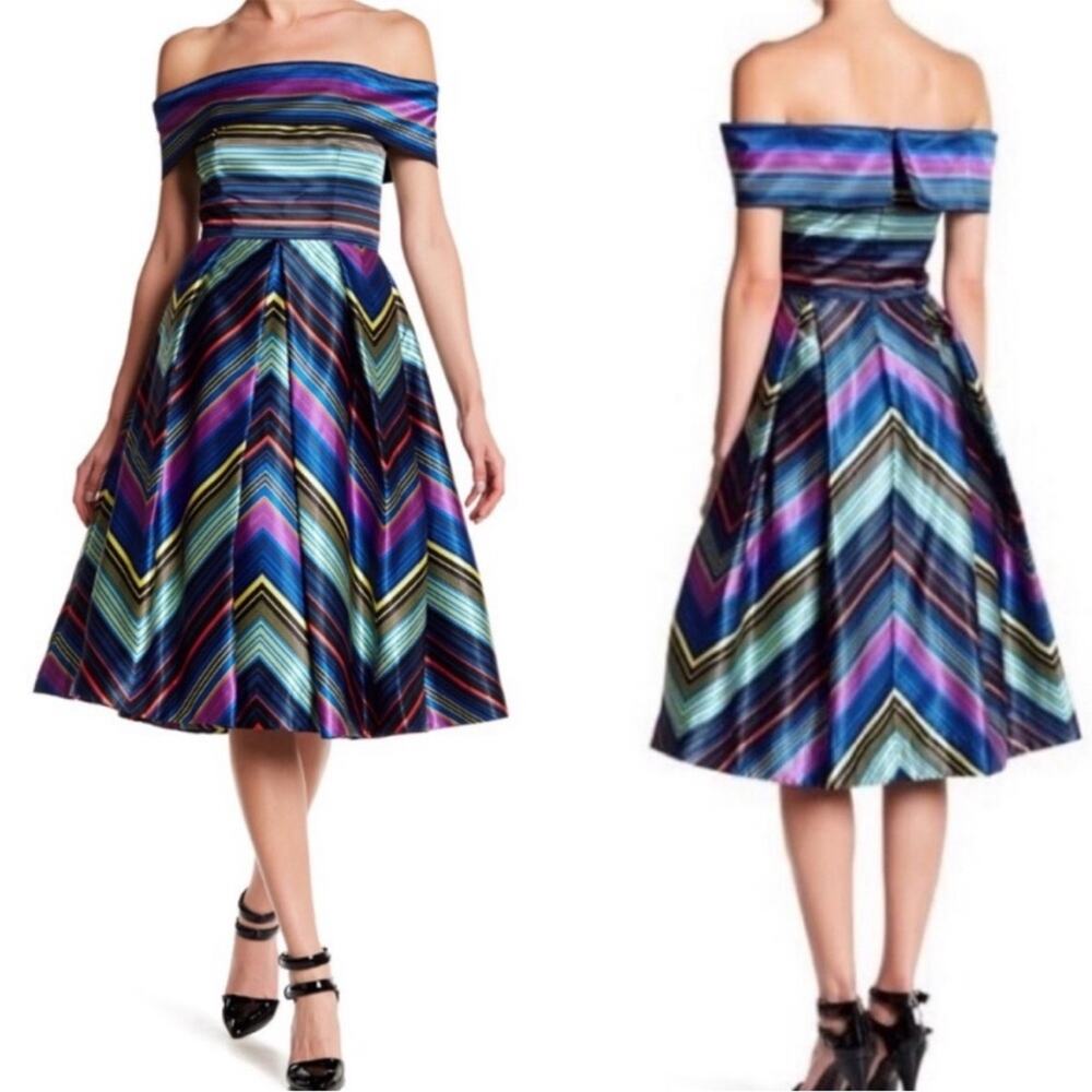 Nicole Miller Off-the-Shoulder Striped Fit & Flare Dress Size 4 EUC